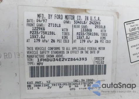 1997 Ford Explorer Eddie Bauer/Limited/Xl/Xlt из США, поврежденный, VIN 1FMDU34E2VZB64393